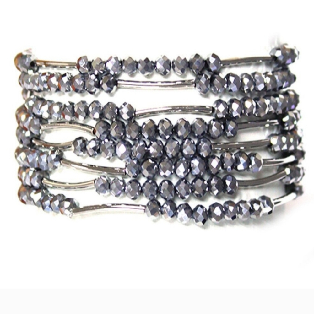 SILVER BEAD METAL BAR STRETCH MULTI BRACELET SET